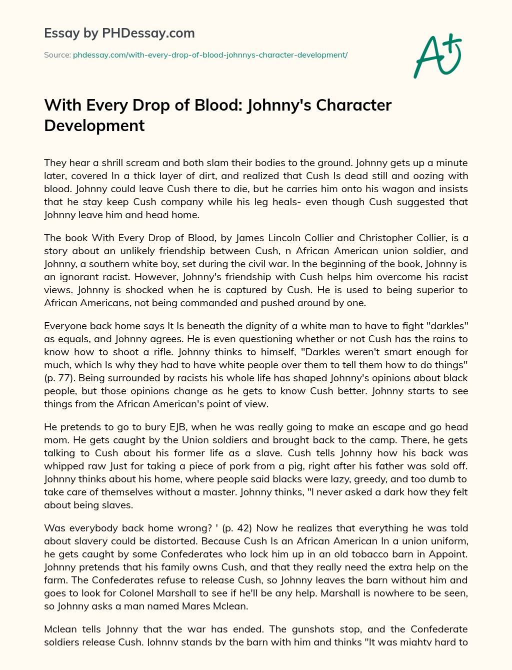 With Every Drop of Blood: Johnny’s Character Development essay