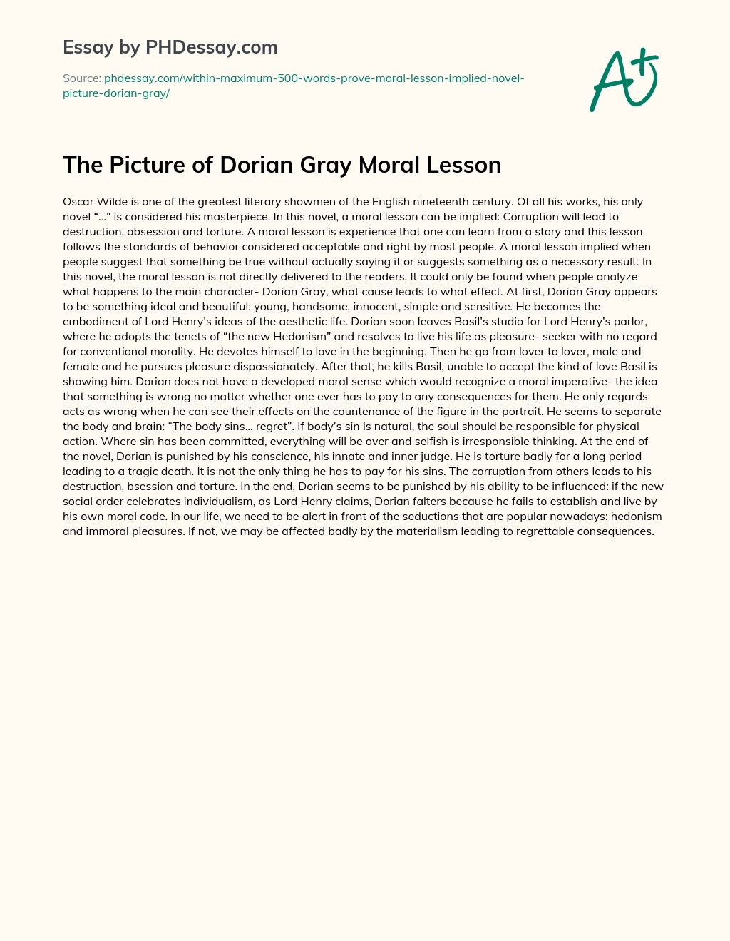 The Picture of Dorian Gray Moral Lesson essay