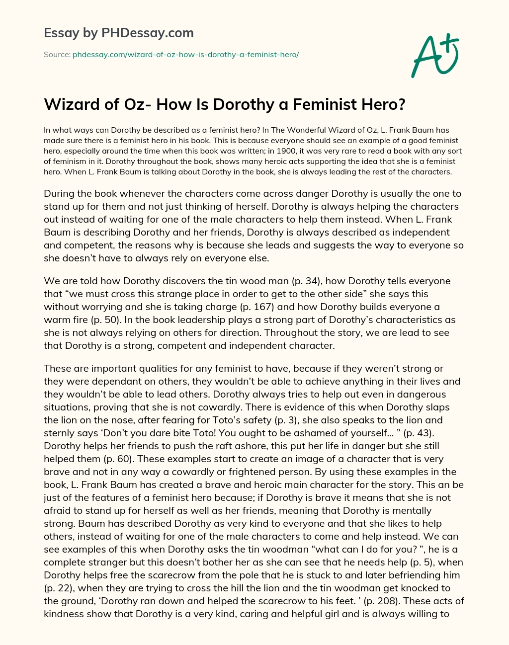 Wizard of Oz- How Is Dorothy a Feminist Hero? essay