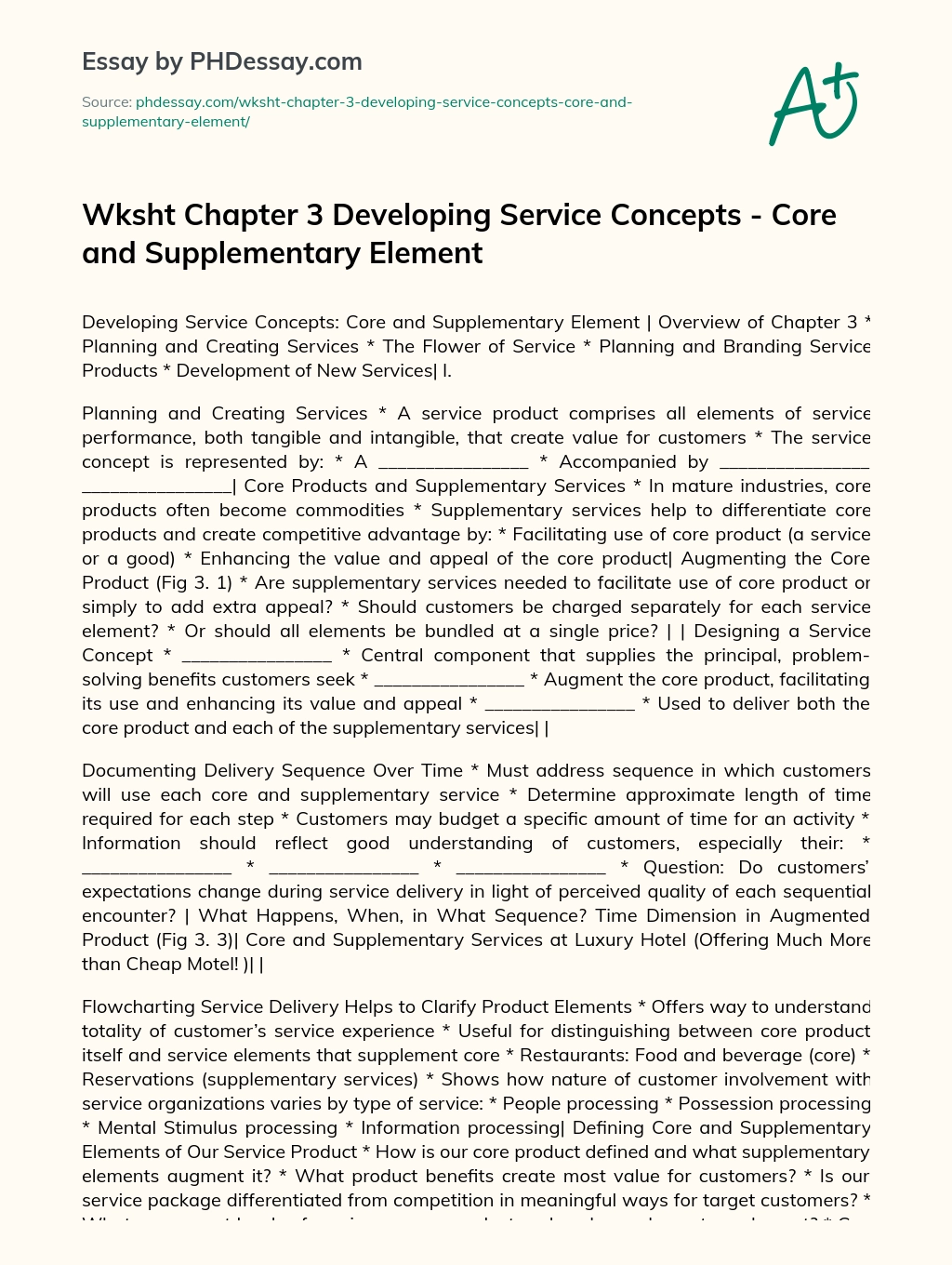 WKSHT Chapter 3 Developing Service Concepts – Core and Supplementary Element essay