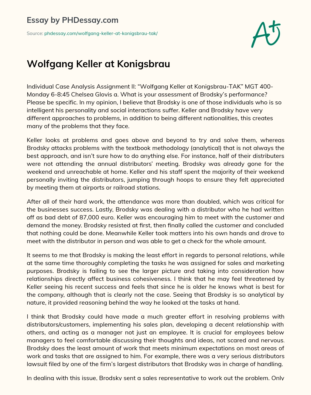 Wolfgang Keller at Konigsbrau essay