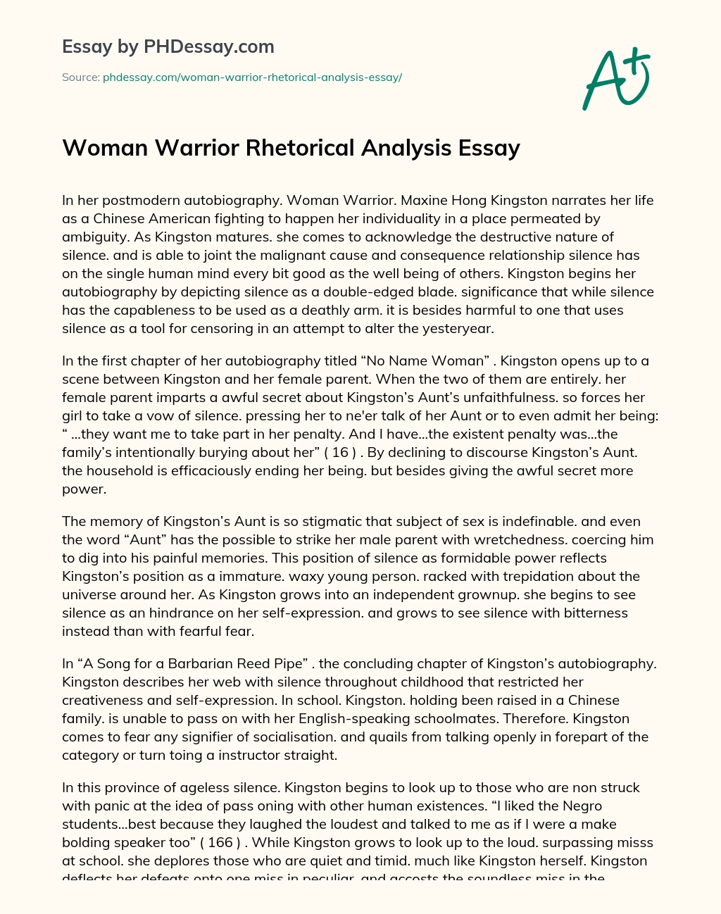 Woman Warrior Rhetorical Analysis Essay essay
