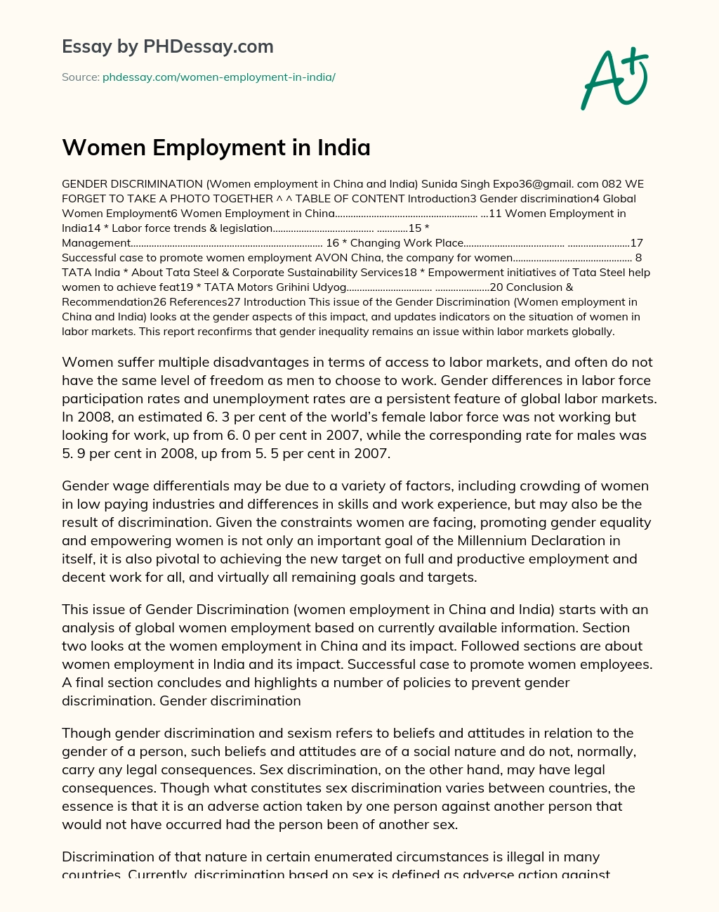 Women Employment in India essay