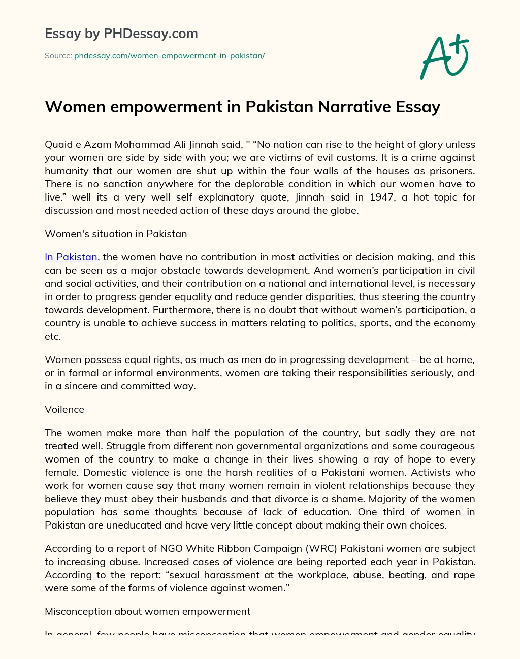 Women empowerment in Pakistan Narrative Essay essay