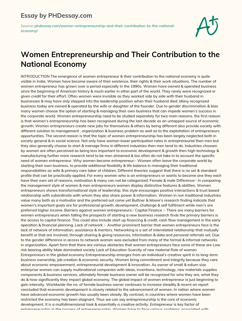 Women Entrepreneurship and Their Contribution to the National Economy essay