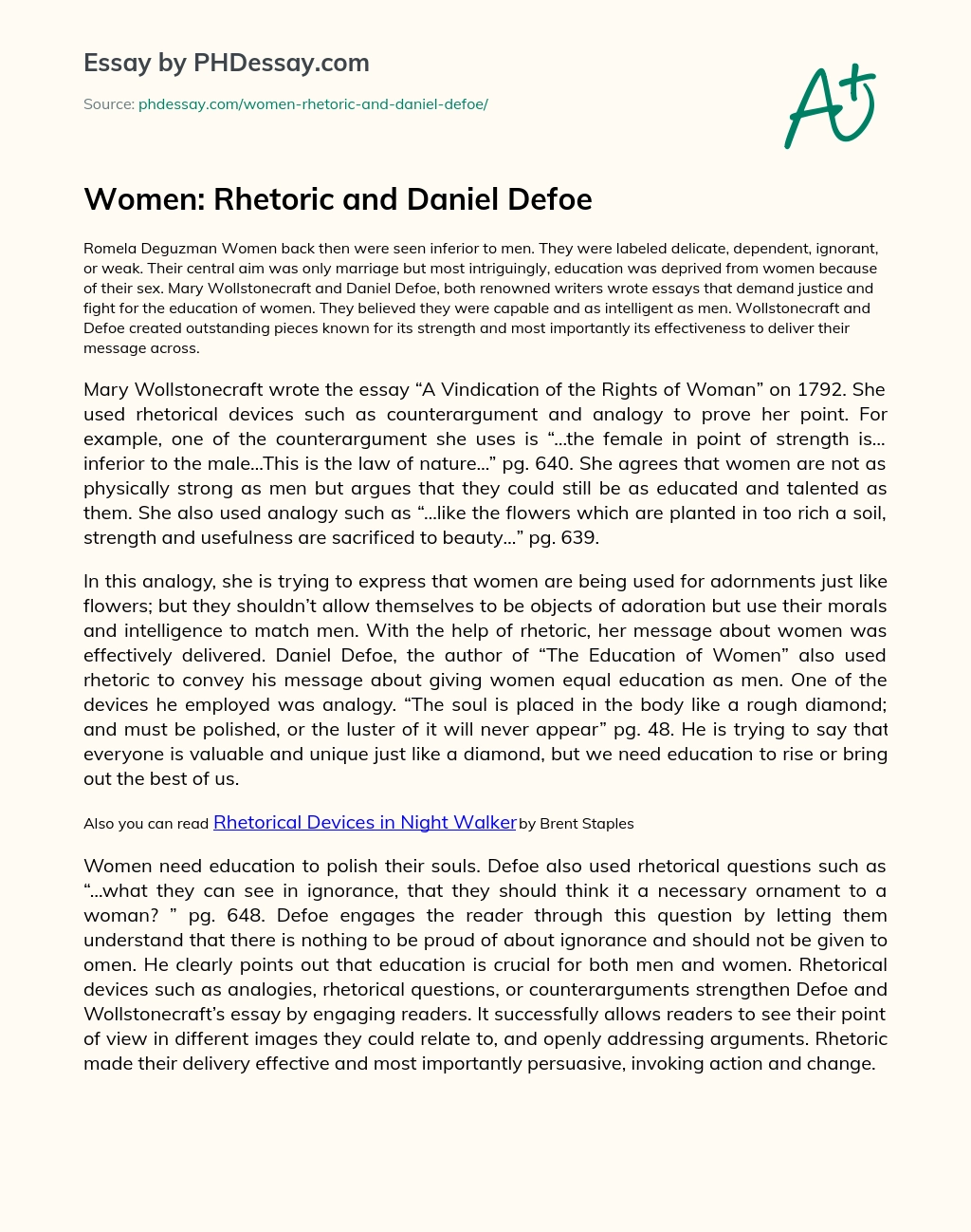 Women: Rhetoric and Daniel Defoe essay