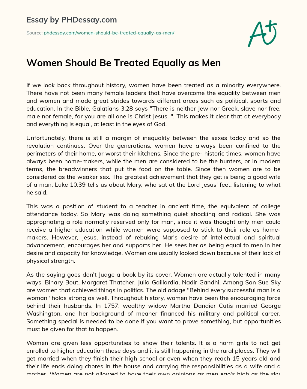 Women Should Be Treated Equally as Men essay