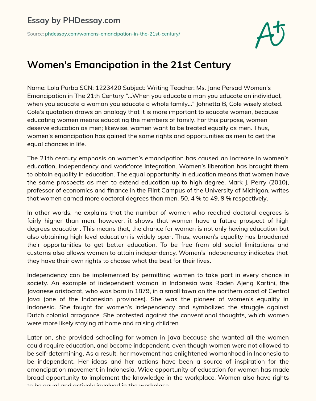 Women’s Emancipation in the 21st Century essay