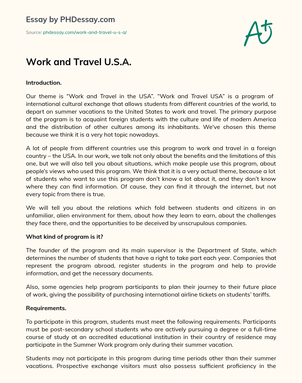 Work and Travel U.S.A. essay