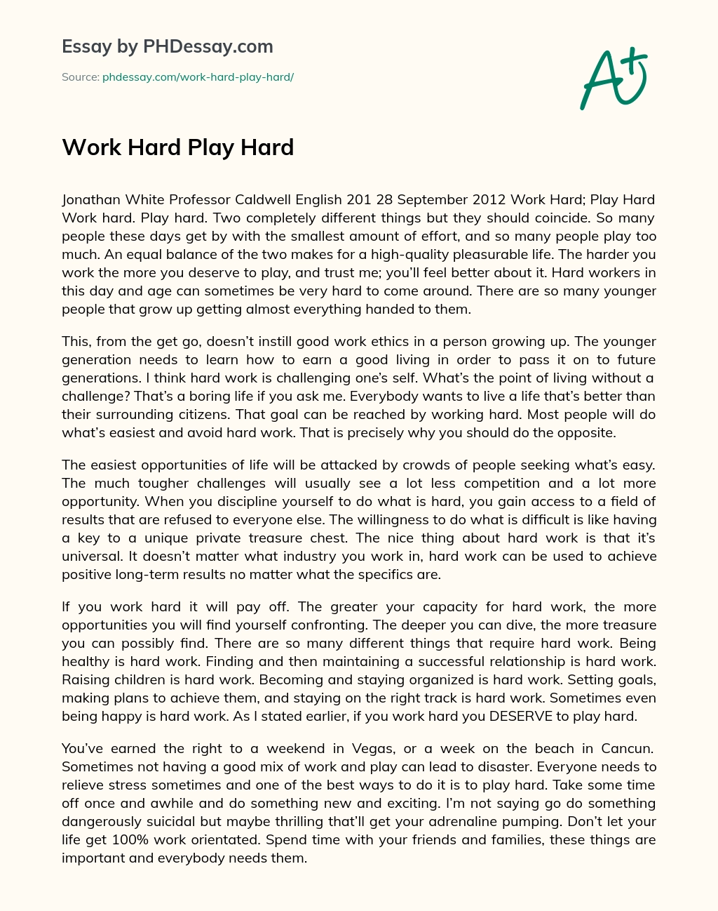 Work Hard Play Hard essay