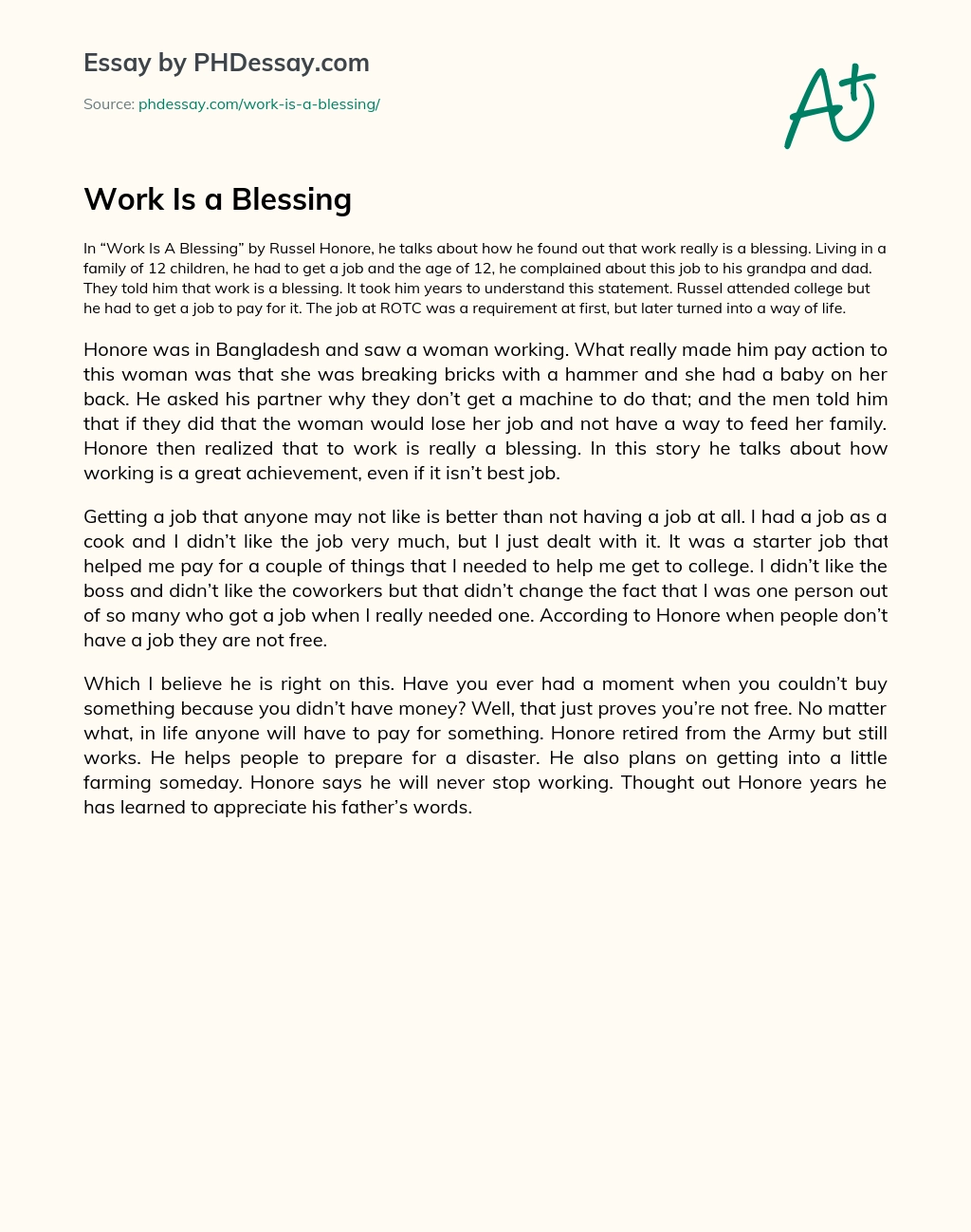 Work Is a Blessing essay