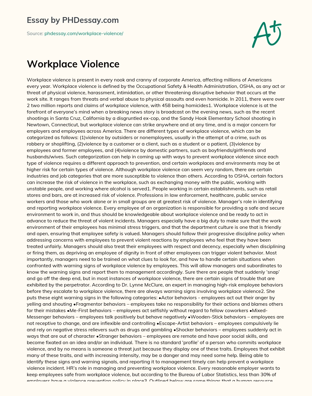 Statistics on Workplace Violence essay
