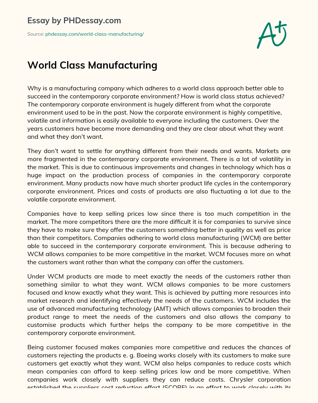 World Class Manufacturing essay
