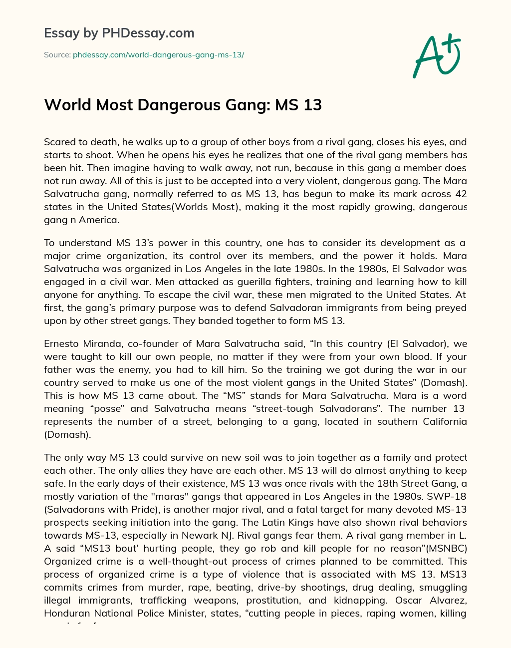 World Most Dangerous Gang: MS 13 essay