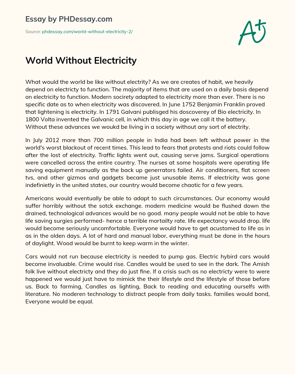 World Without Electricity essay