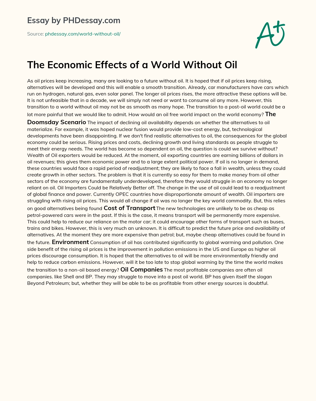 The Economic Effects of a World Without Oil essay