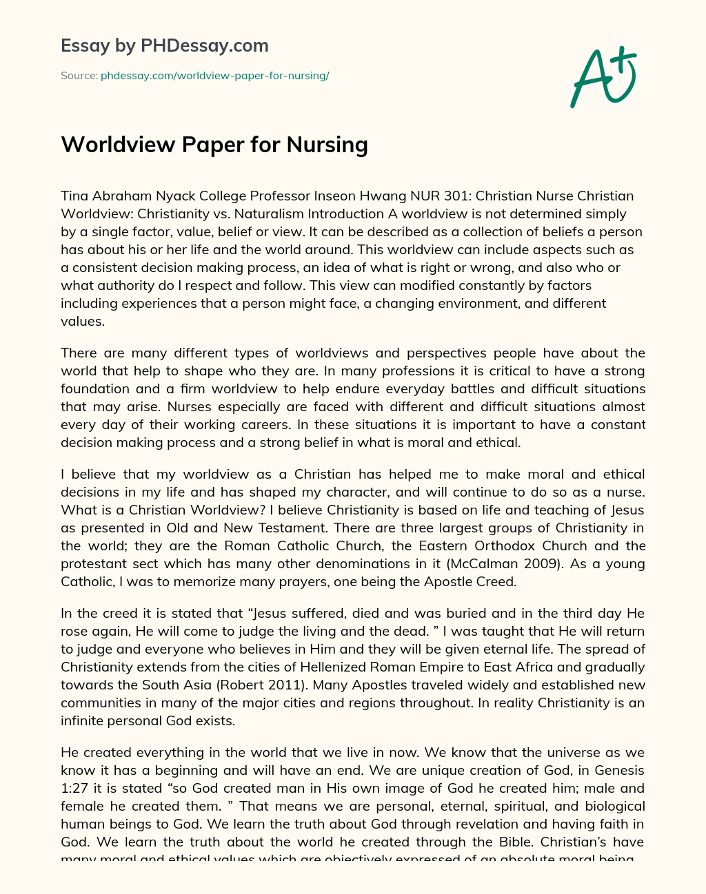Worldview Paper for Nursing essay