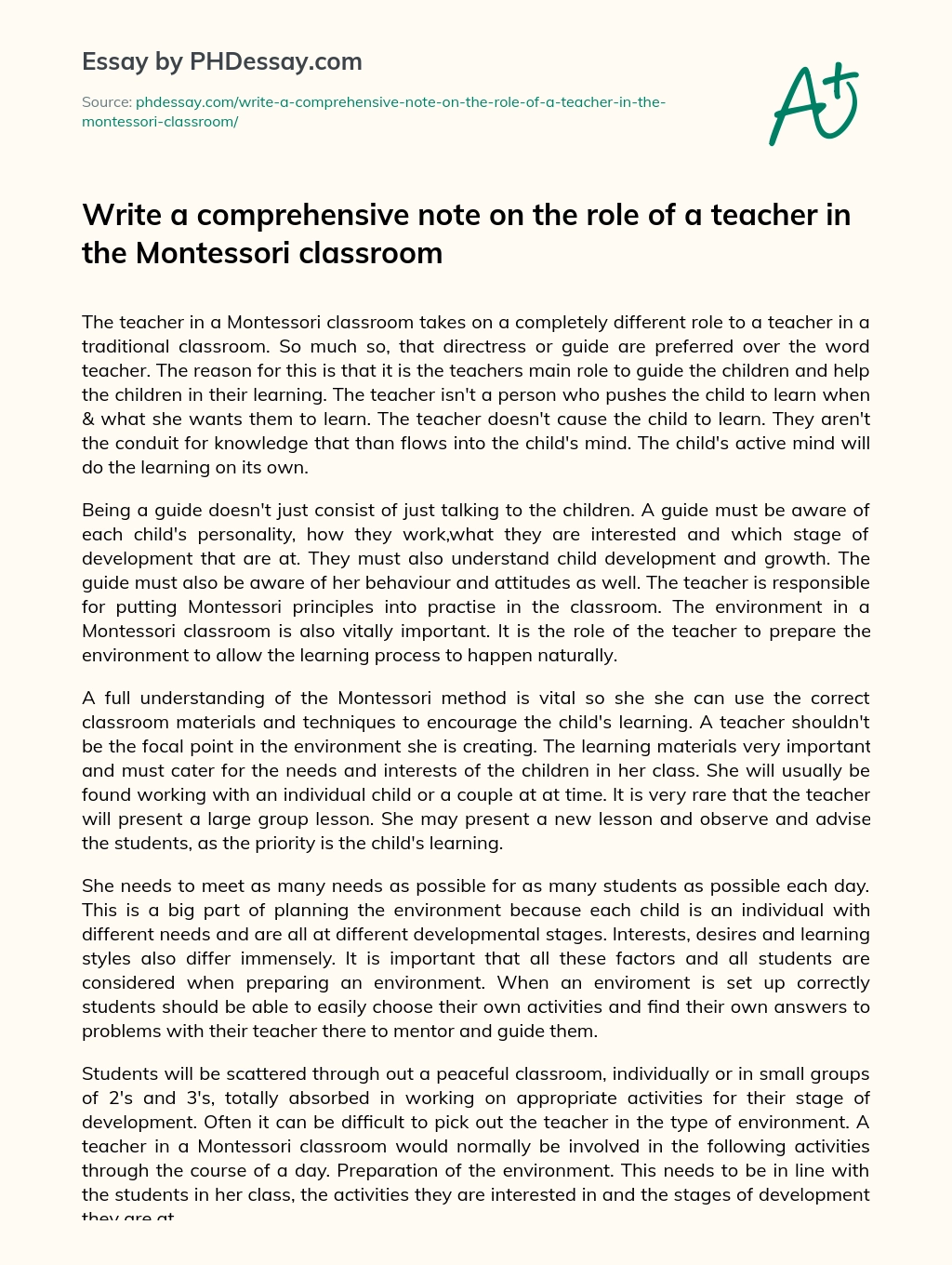 Write a comprehensive note on the role of a teacher in the Montessori classroom essay
