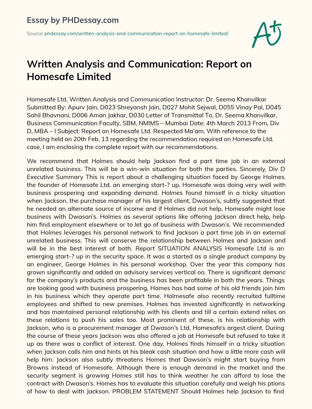 Written Analysis and Communication: Report on Homesafe Limited essay