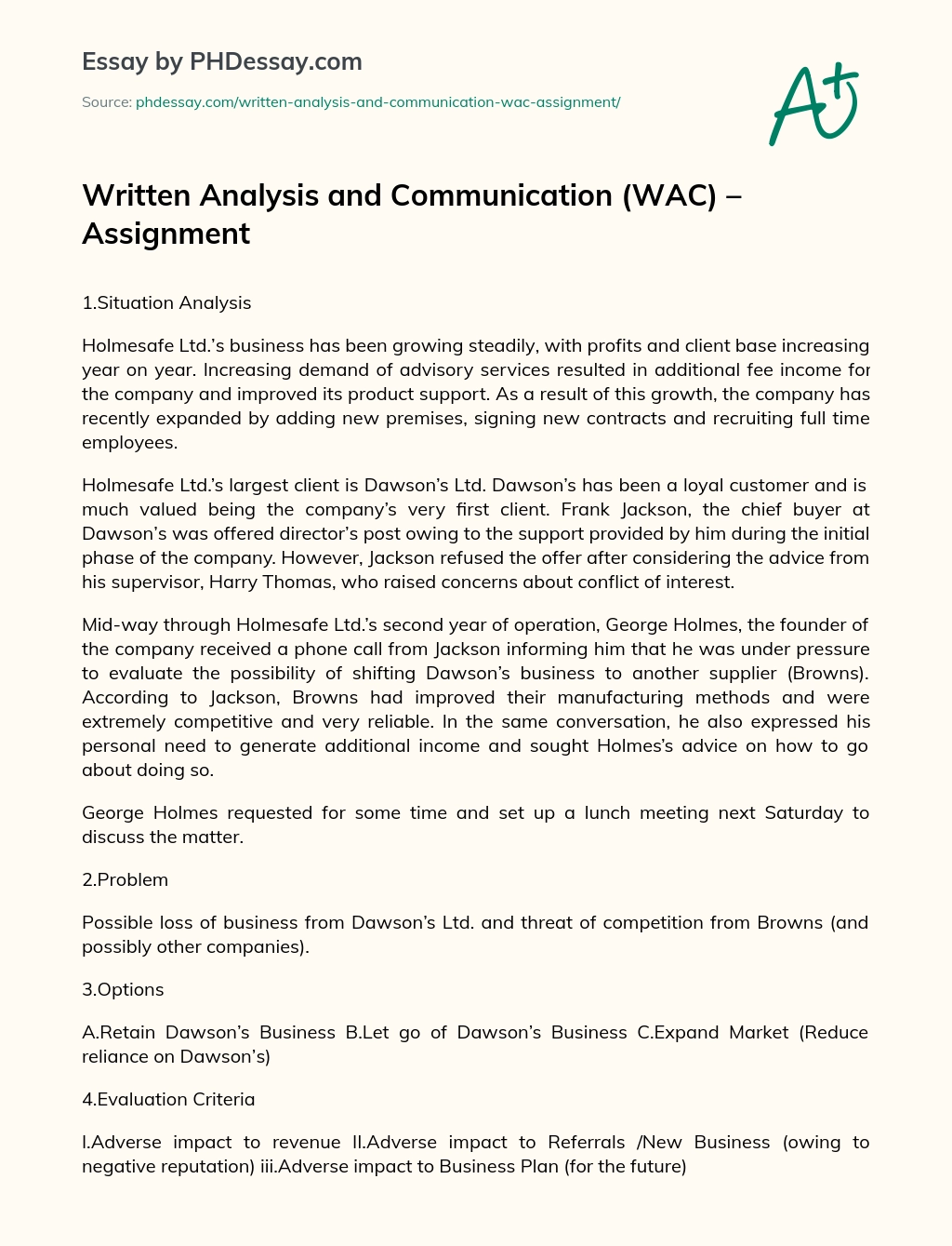 Written Analysis and Communication (WAC) – Assignment essay