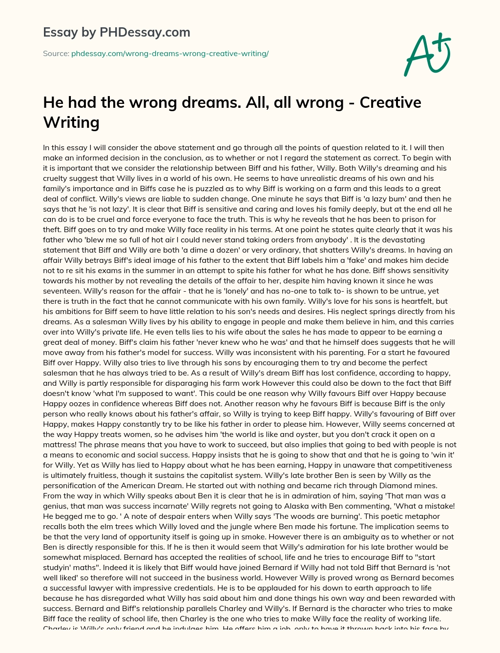 He had the wrong dreams. All, all wrong – Creative Writing essay