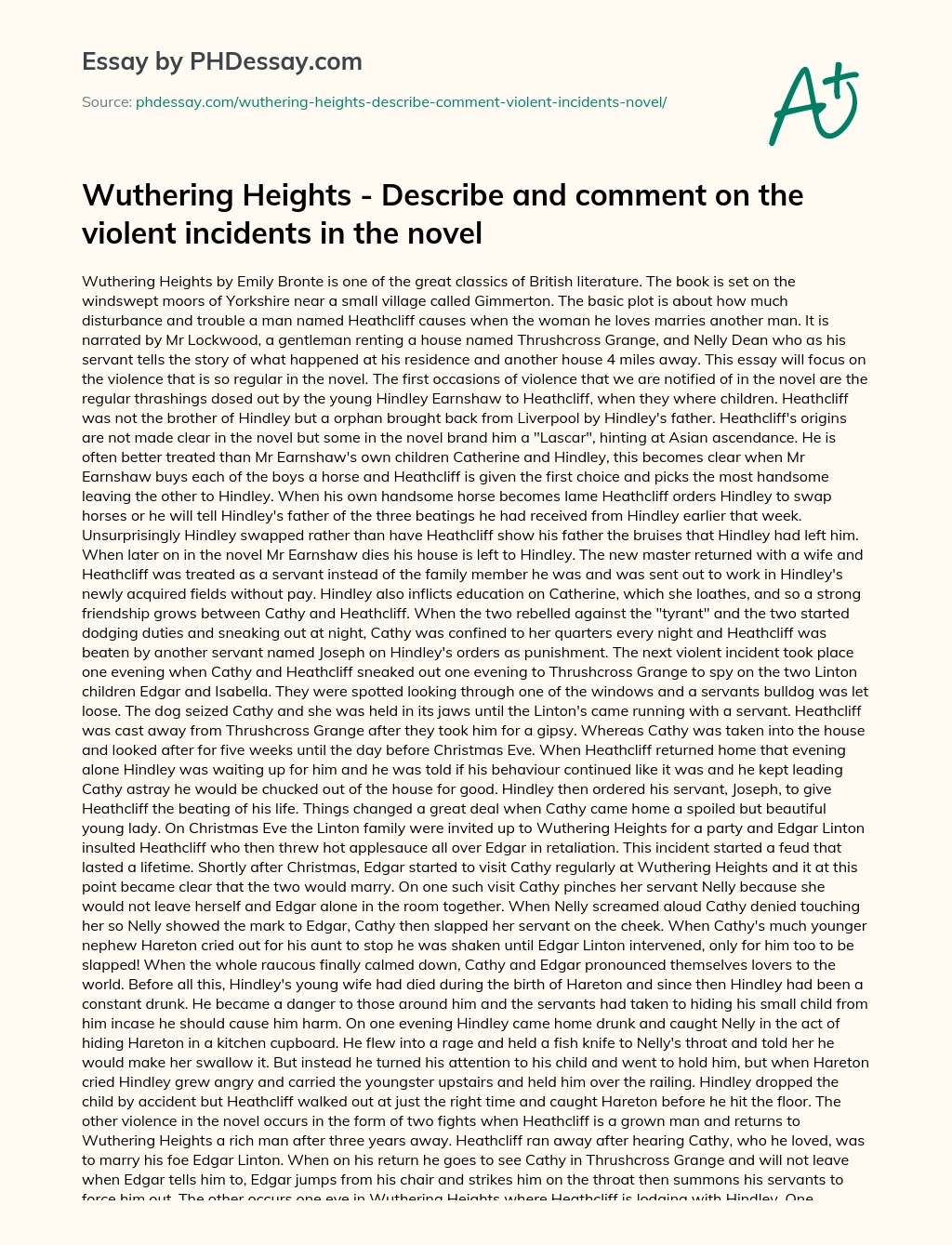Wuthering Heights – Describe and comment on the violent incidents in the novel essay