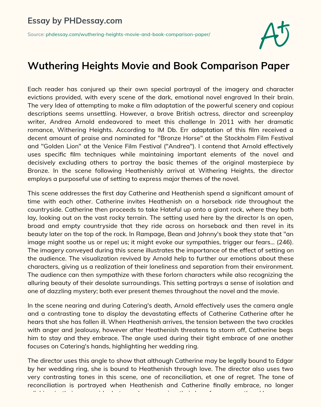 Wuthering Heights Movie and Book Comparison Paper essay