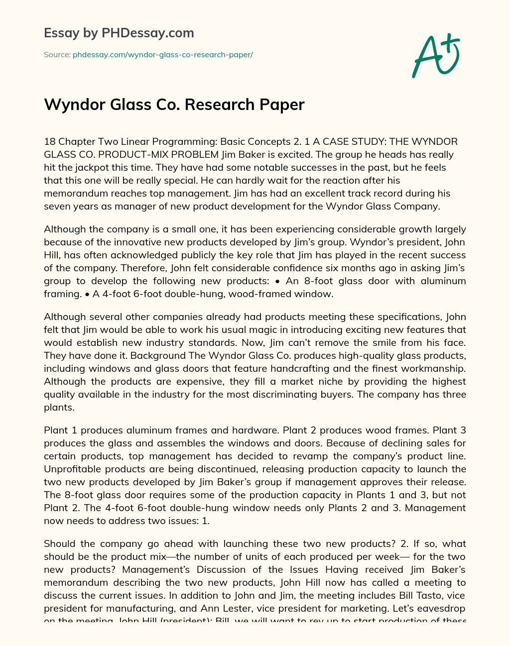 Wyndor Glass Co. Research Paper essay
