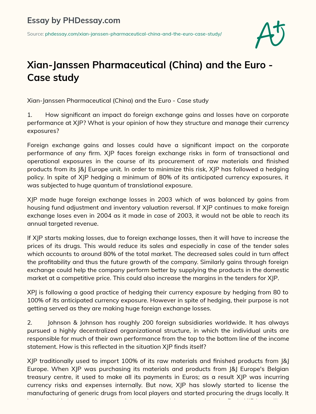 Xian-Janssen Pharmaceutical (China) and the Euro – Case study essay