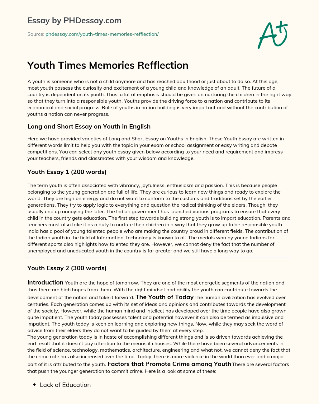 Youth Times Memories Refflection essay