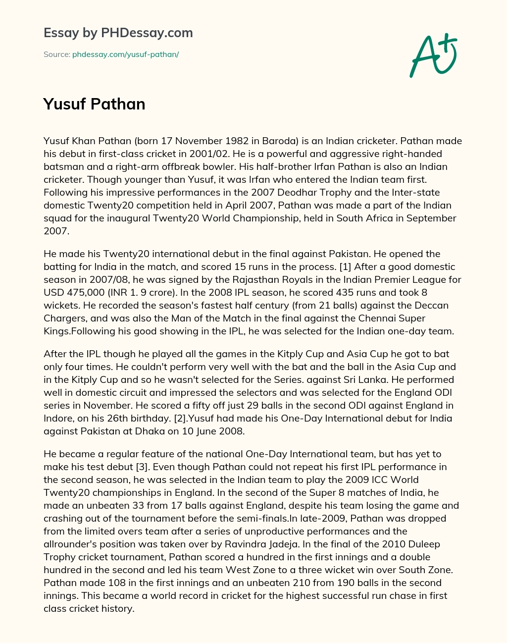 Yusuf Pathan essay
