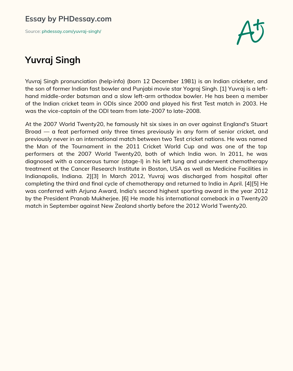 Yuvraj Singh essay
