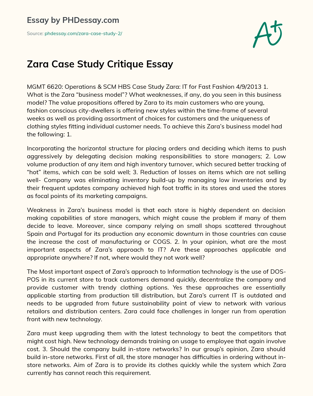 Zara Case Study Critique Essay - PHDessay.com