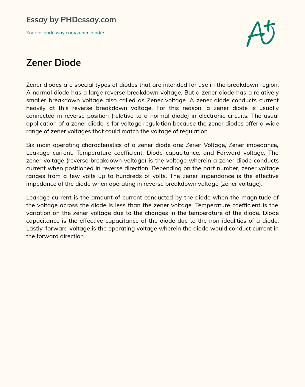Zener Diodes: A Breakdown of Their Characteristics and Applications essay